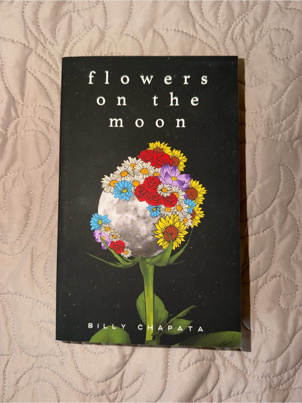 Flowers on the Moon by Billy Chapata - Black Cover with Colorful Floral Moon